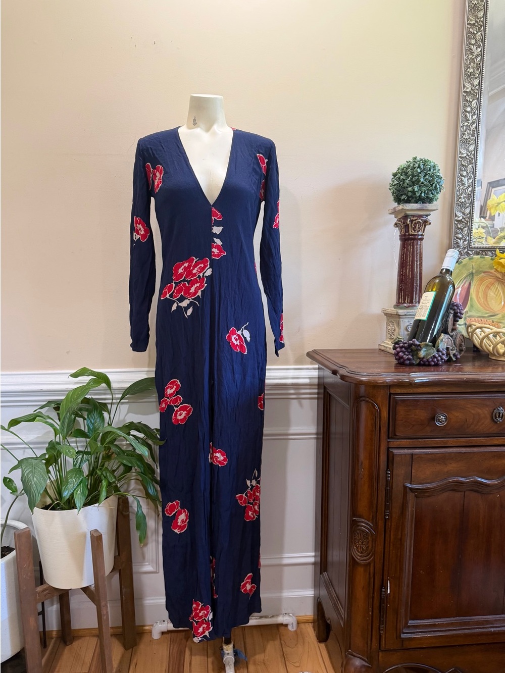 Reformation Navy Floral V-Neck Long Sleeve Maxi Dress